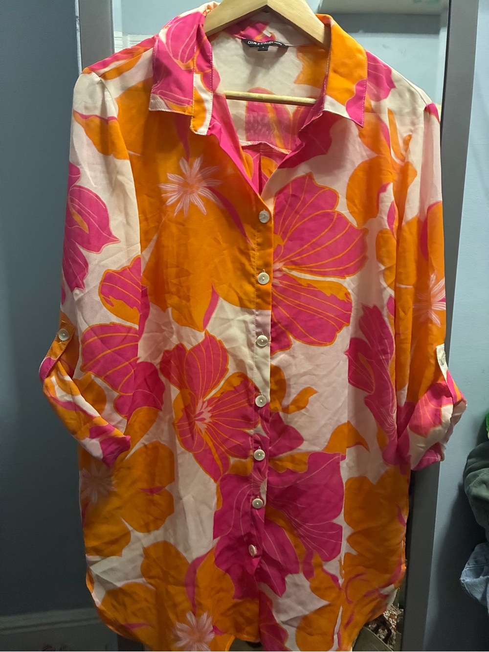 Bright Pink & Orange Floral Button-Down Shirt - Lightweight Tunic